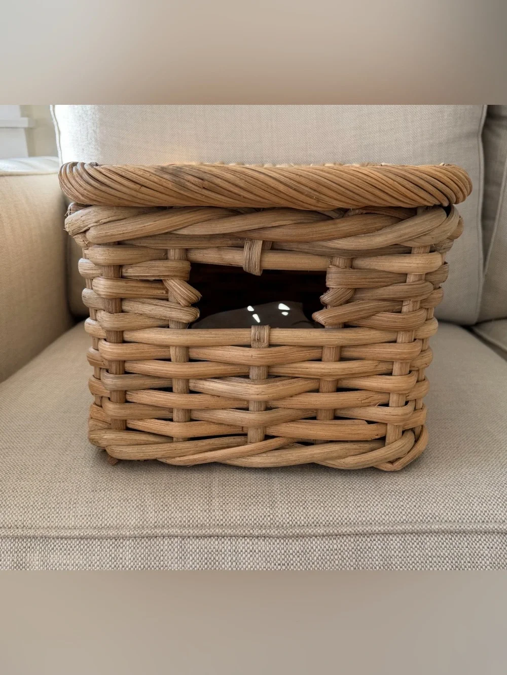 POTTERY BARN Aubrey Woven Lidded Basket Rattan Storage With Lid Natural Handles